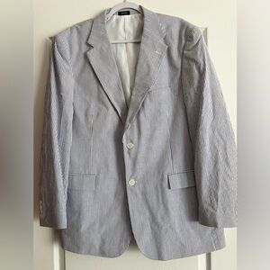 Mens Saddlebred Seersucker Blazer Jacket 44R Blue Stripe Cotton Sport Coat
